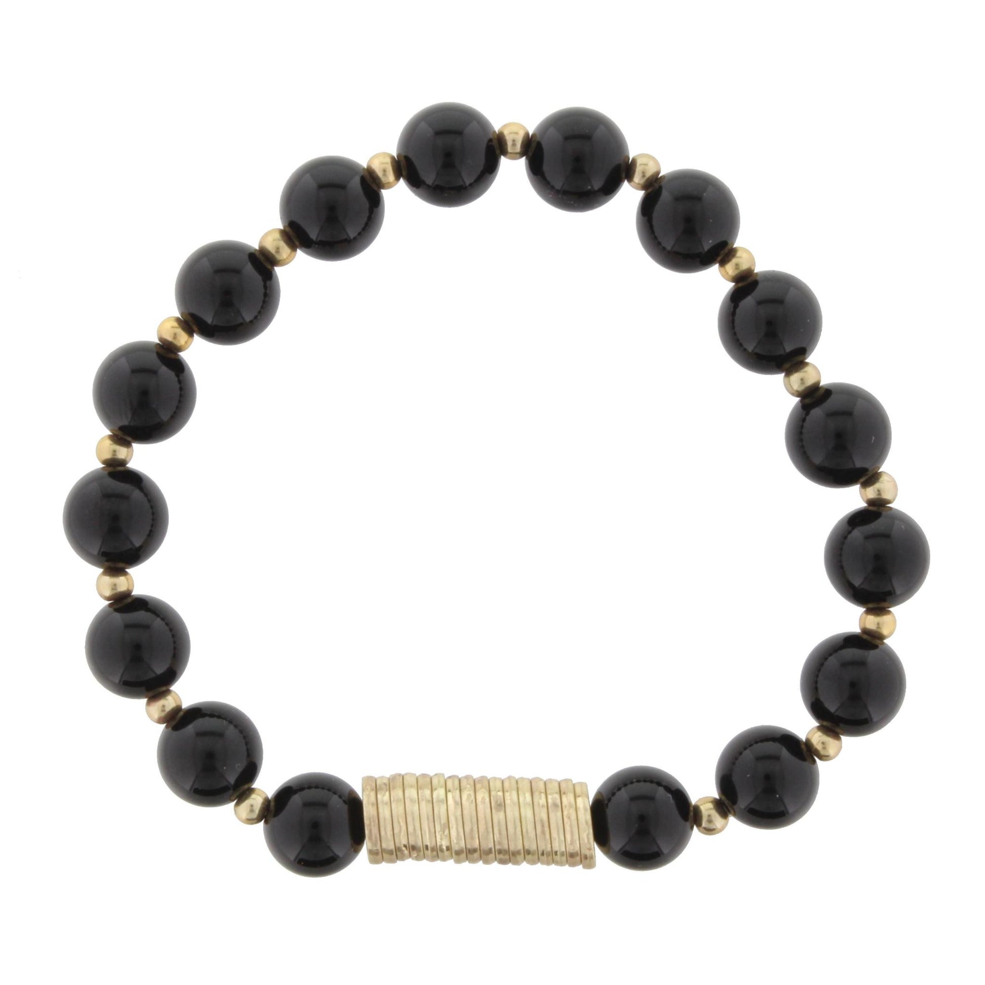 Black onyx Beaded Stretch Bracelet with Gold Disks