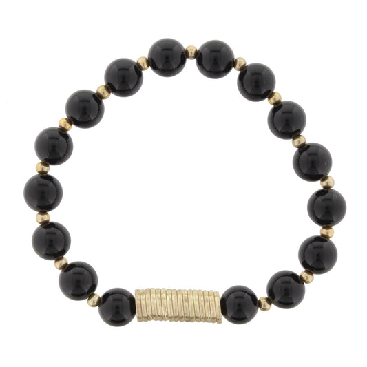 Black onyx Beaded Stretch Bracelet with Gold Disks