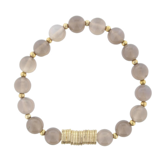 Grey Beaded Stretch Bracelet with Gold Disks