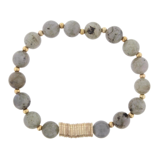 Kiwi Beaded Stretch Bracelet with Gold Disks