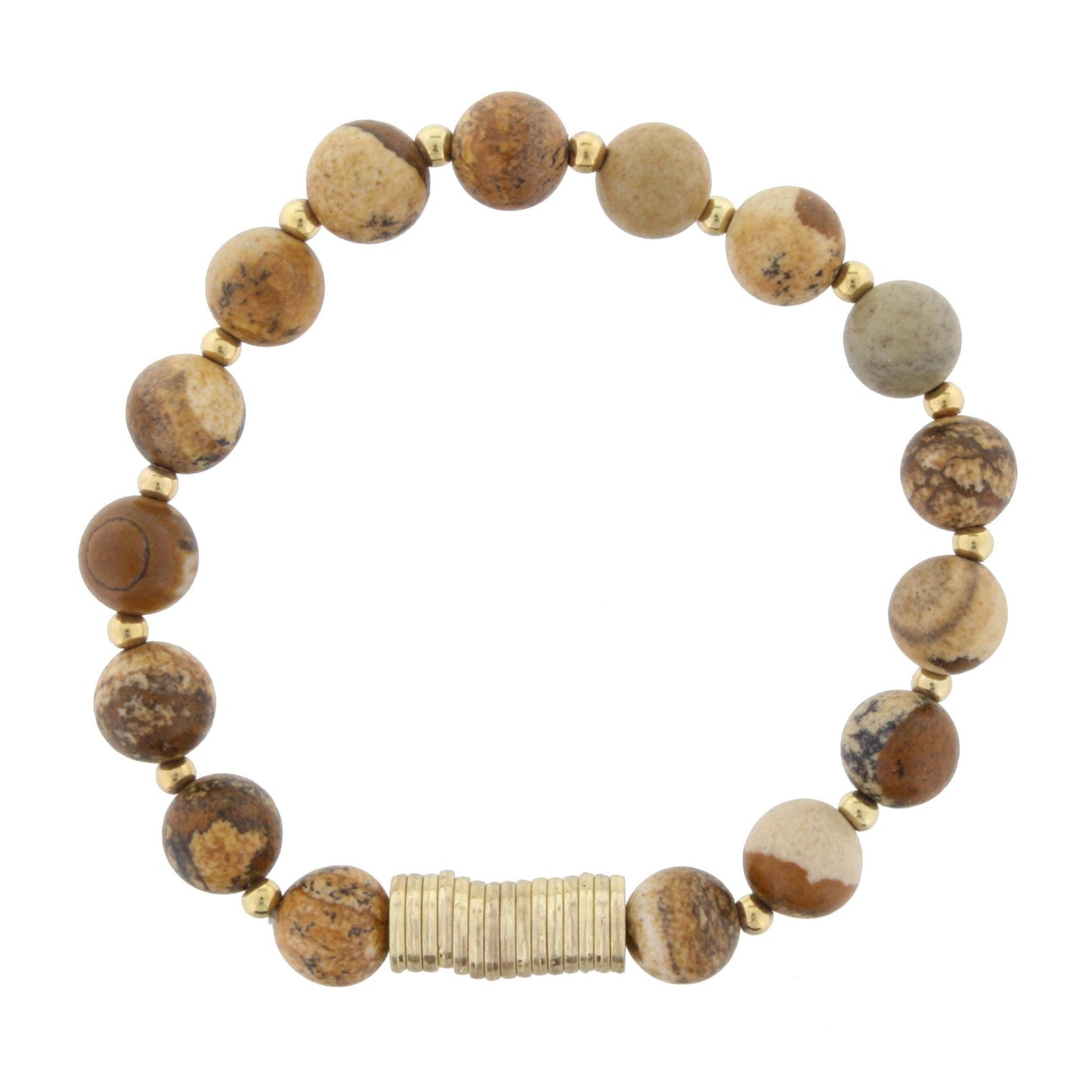 Picture Jasper Beaded Stretch Bracelet with Gold Disks