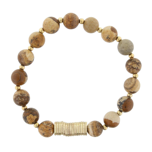 Picture Jasper Beaded Stretch Bracelet with Gold Disks