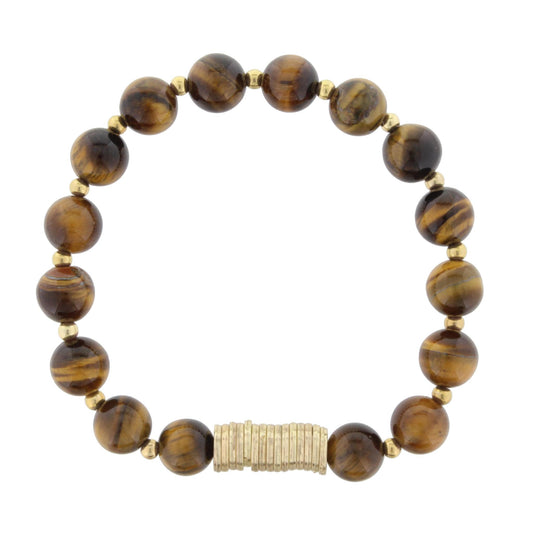 Tigers Eye Beaded Stretch Bracelet with Gold Disks