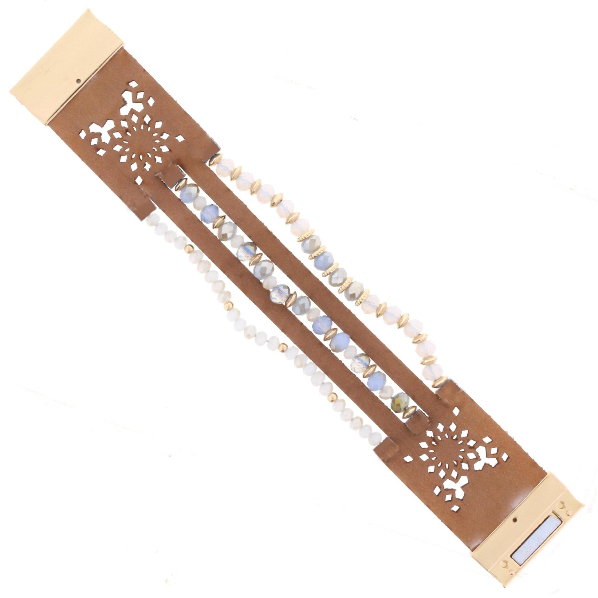 Blue Beaded Multi Strand Tan Leather Bracelet