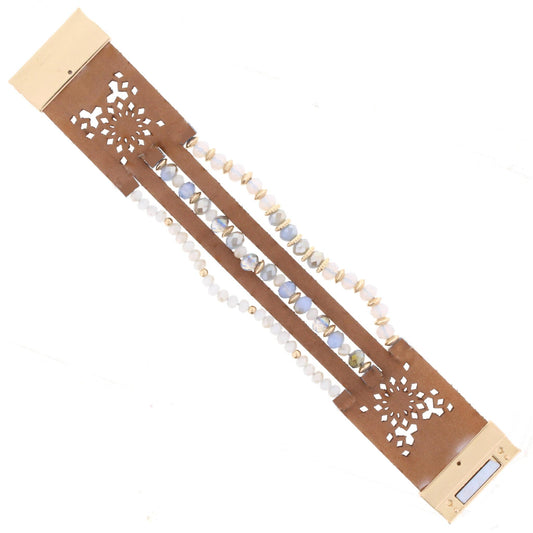 Blue Beaded Multi Strand Tan Leather Bracelet