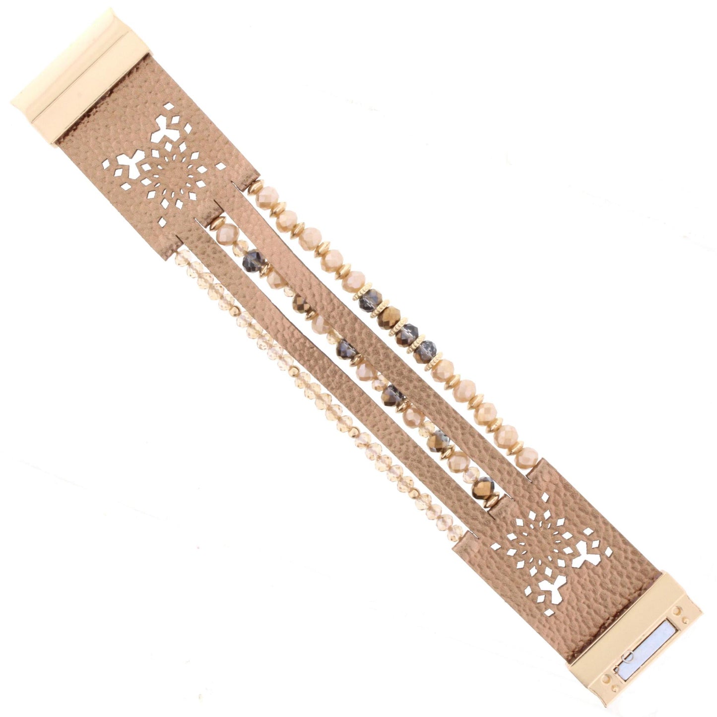 Champagne and Gold Beaded Multi Strand Bronze Leather Bracelet