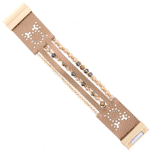Champagne and Gold Beaded Multi Strand Bronze Leather Bracelet