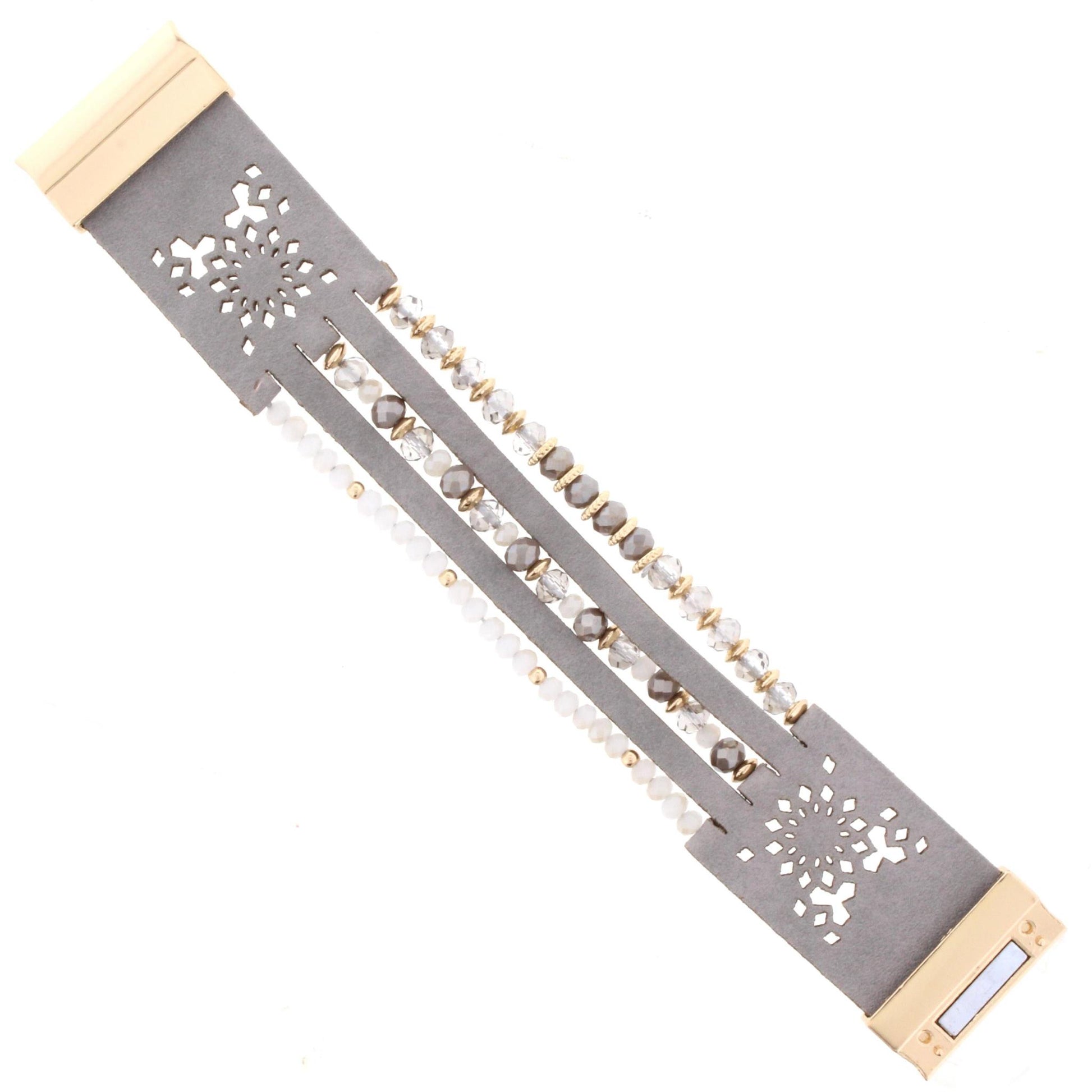 Grey and Black Diamond Beaded Multi Strand Grey Leather Bracelet
