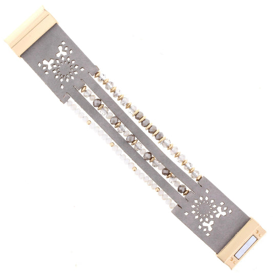 Grey and Black Diamond Beaded Multi Strand Grey Leather Bracelet