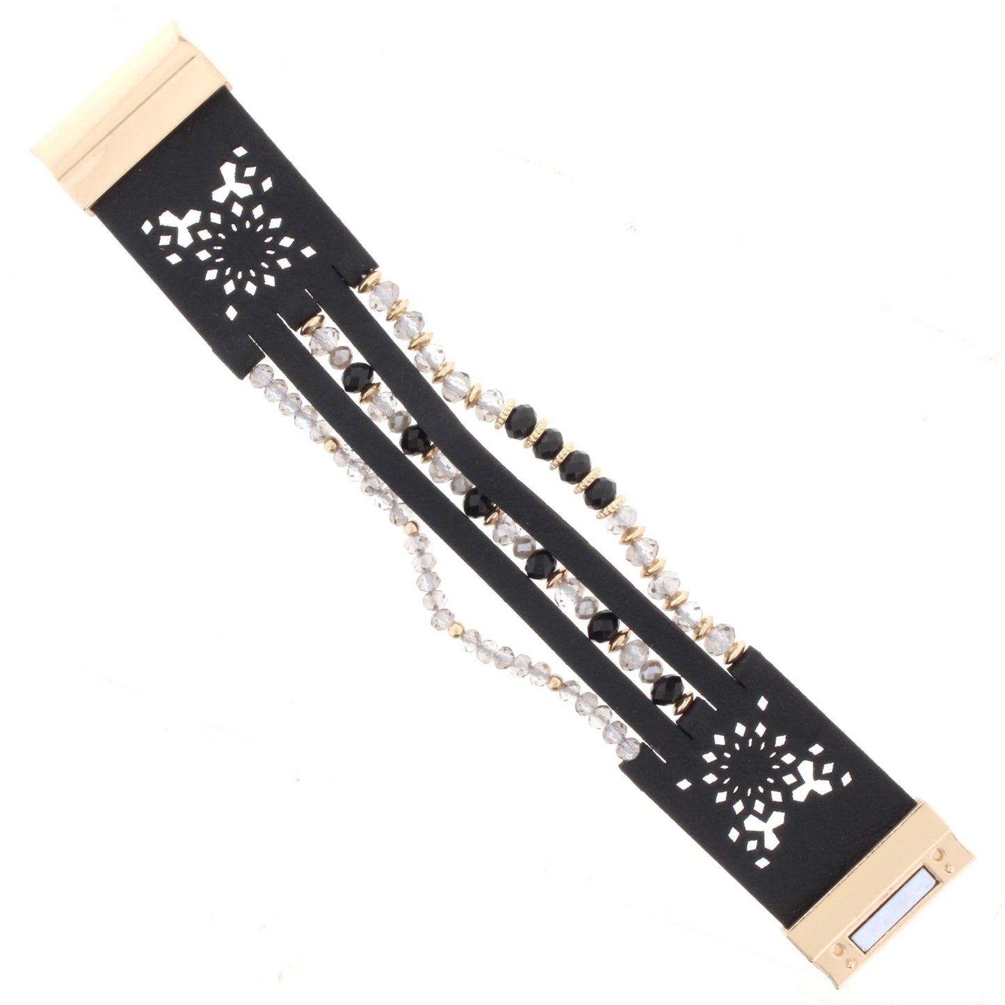 Jet and Black Diamond Beaded Multi Strand Jet Leather Bracelet