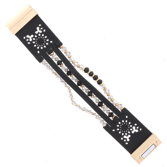 Jet and Black Diamond Beaded Multi Strand Jet Leather Bracelet
