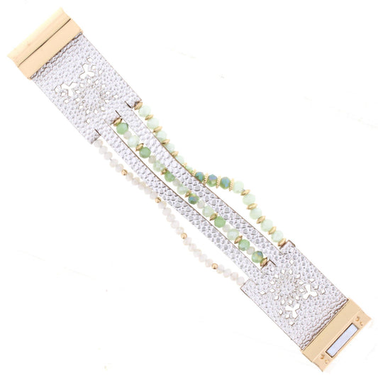 2-Tone Mint Beaded Multi Strand Silver Leather Bracelet
