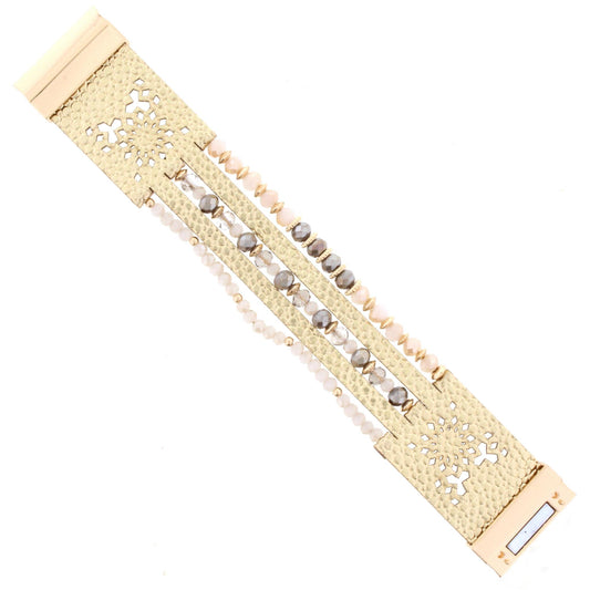 Neutral Beaded Multi Strand Gold Leather Bracelet