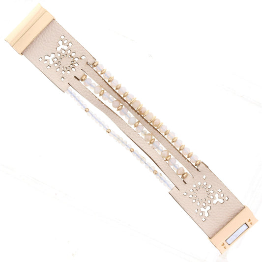 Opal Beaded Multi Strand Cream Leather Bracelet