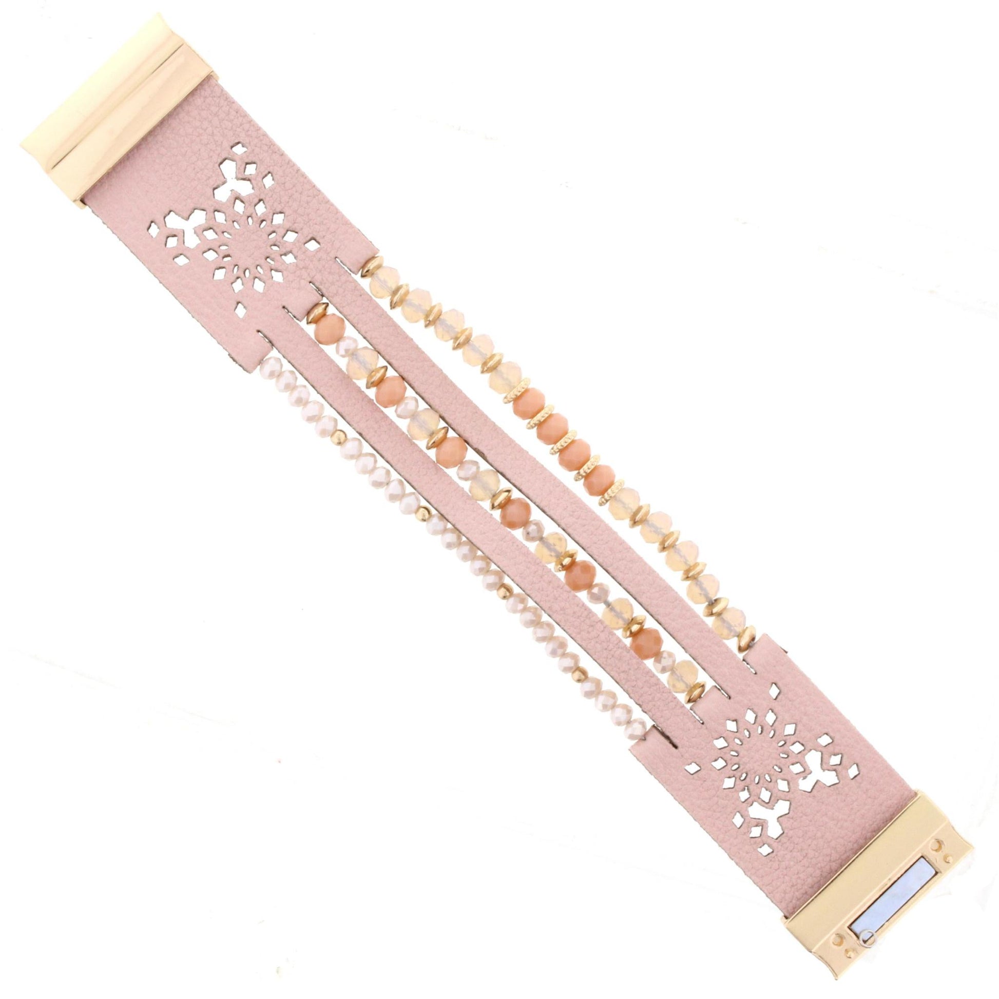 Peach Beaded Multi Strand Pale Pink Leather Bracelet