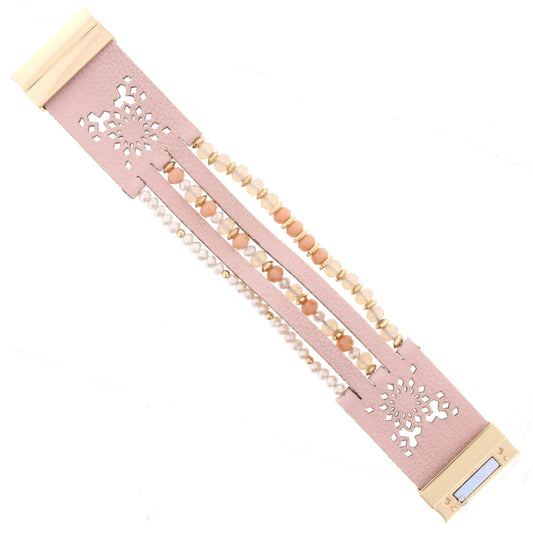 Peach Beaded Multi Strand Pale Pink Leather Bracelet