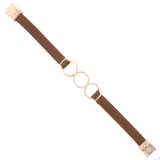 Bronze Leather Bracelet with 3 Gold Rings