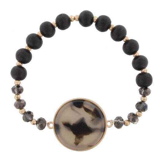 Black Beaded Stretch Bracelet with Grey and Black Circle Resin