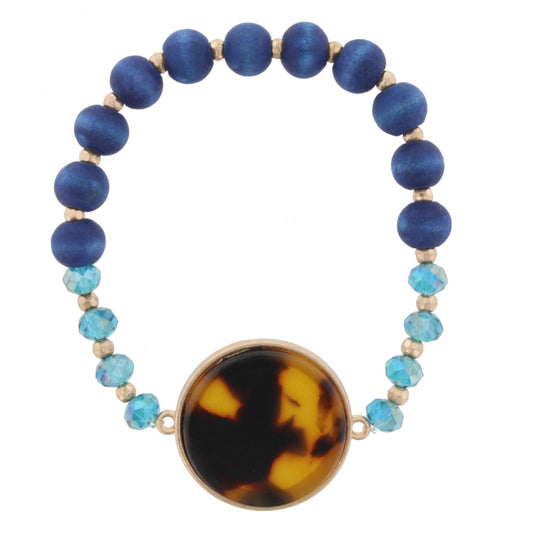 Blue Beaded Stretch Bracelet with Tortoise Circle Resin