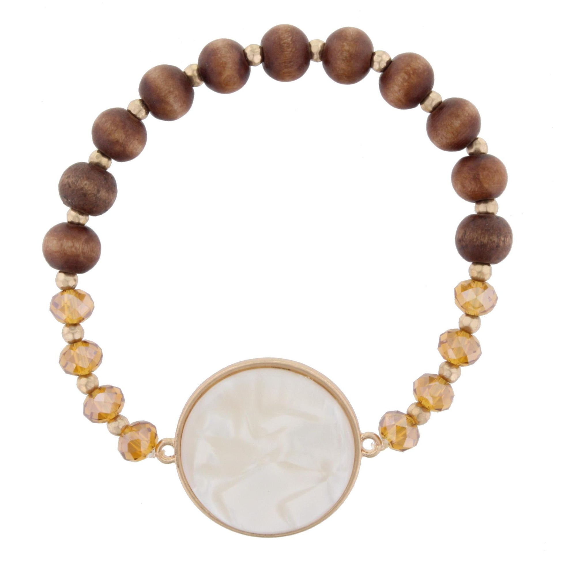 Brown Beaded Stretch Bracelet with White Marbled Circle Resin