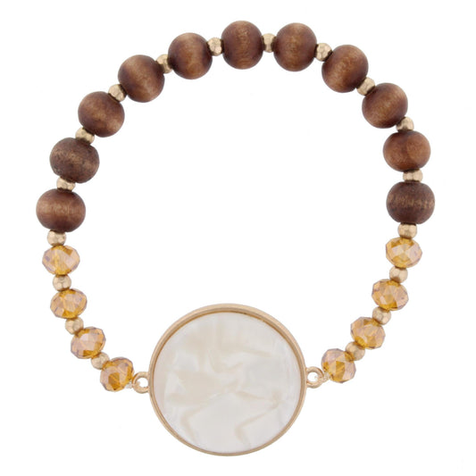 Brown Beaded Stretch Bracelet with White Marbled Circle Resin