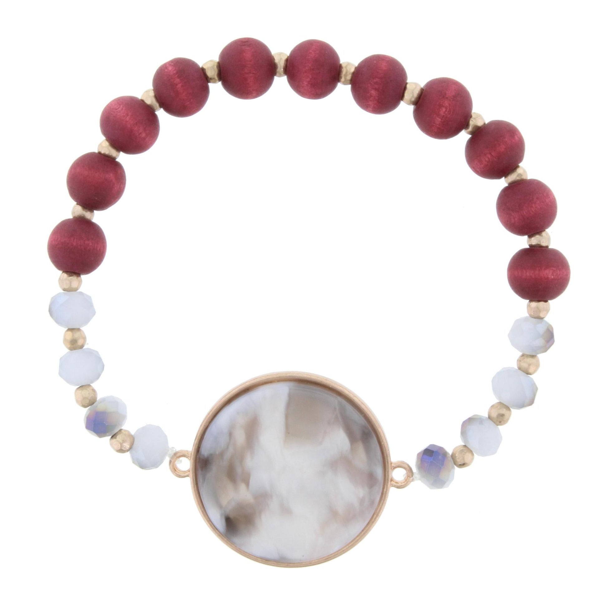 Grey and Maroon Beaded Stretch Bracelet with Grey and White Circle Resin