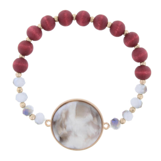 Grey and Maroon Beaded Stretch Bracelet with Grey and White Circle Resin