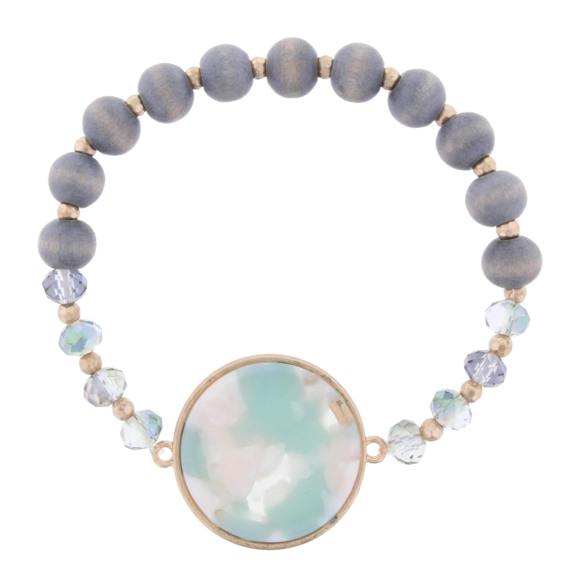 Grey Beaded Stretch Bracelet with Mint Multi Circle Resin