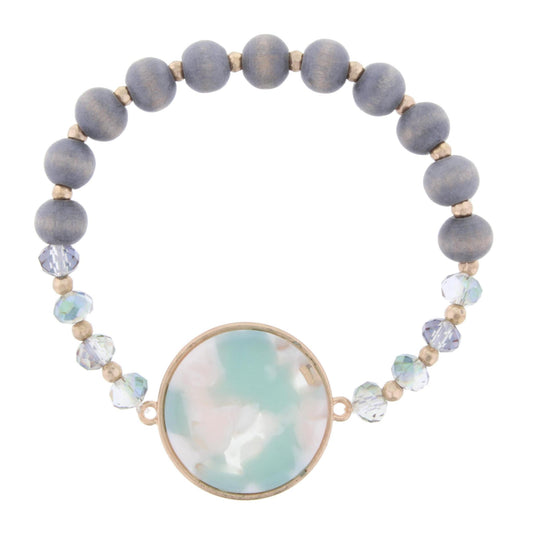 Grey Beaded Stretch Bracelet with Mint Multi Circle Resin