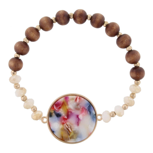 Brown Beaded Stretch Bracelet with Multi Circle Resin
