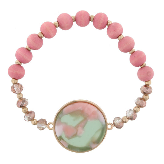 Pink Beaded Stretch Bracelet with Watermelon Circle Resin