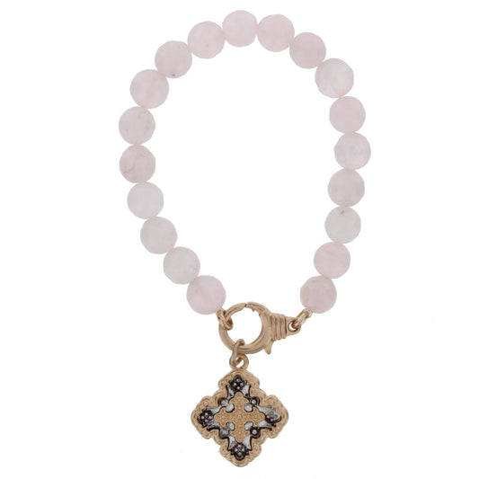 Rose Quartz Stretch Bracelet with Double Sided "I Will Trust in You" Charm
