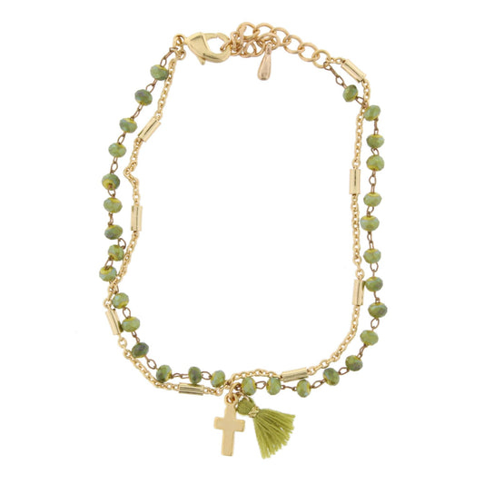 Delicate 2-Tone Green and Gold Chain Bracelet with Cross
