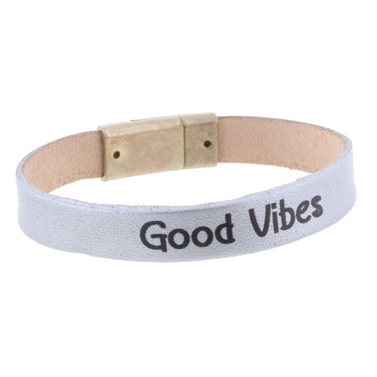 Silver Leather "Good Vibes" Bracelet