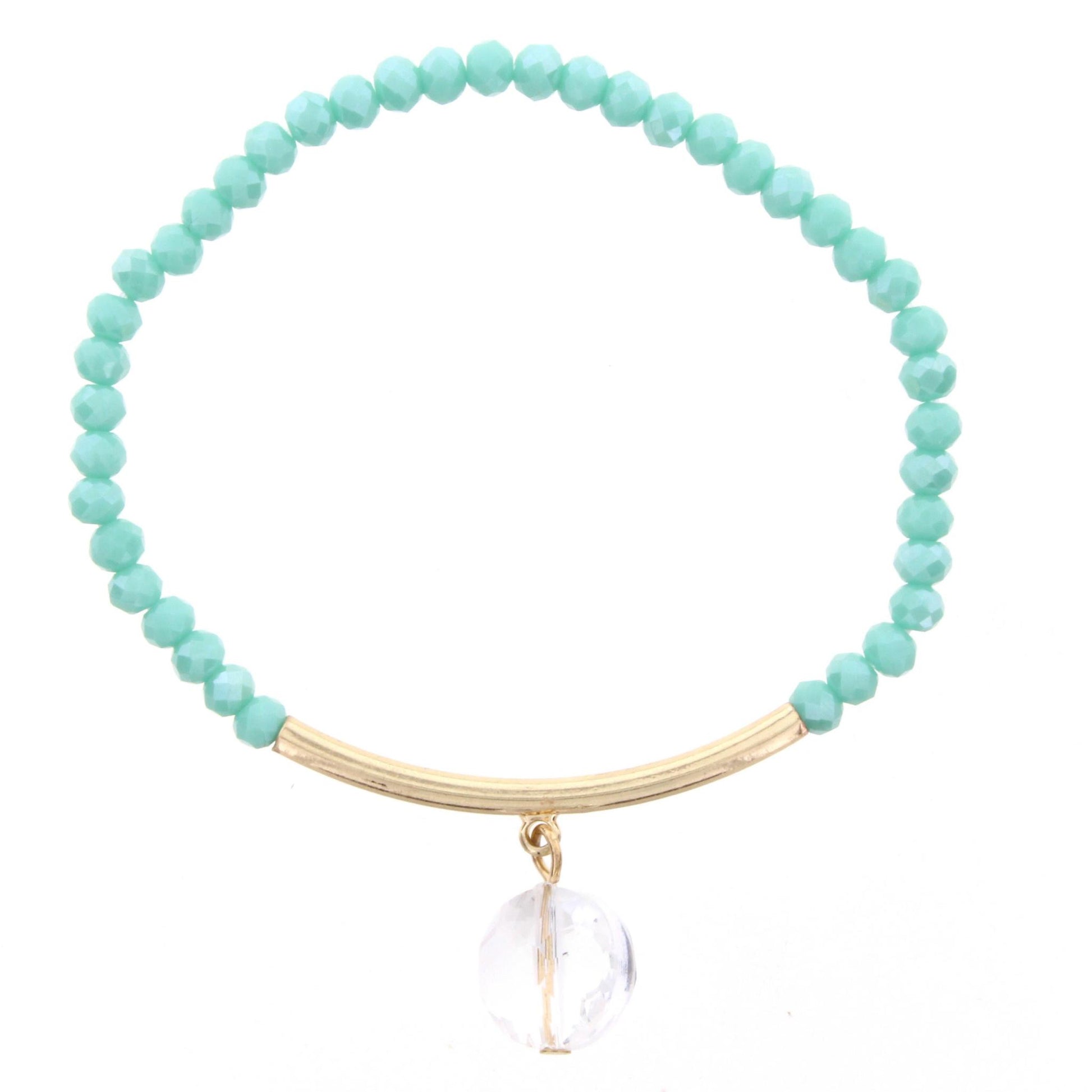 Aqua Beaded Stretch Bracelet with Gold Bar and Circle Crystal