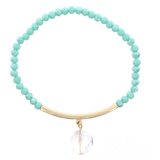 Aqua Beaded Stretch Bracelet with Gold Bar and Circle Crystal
