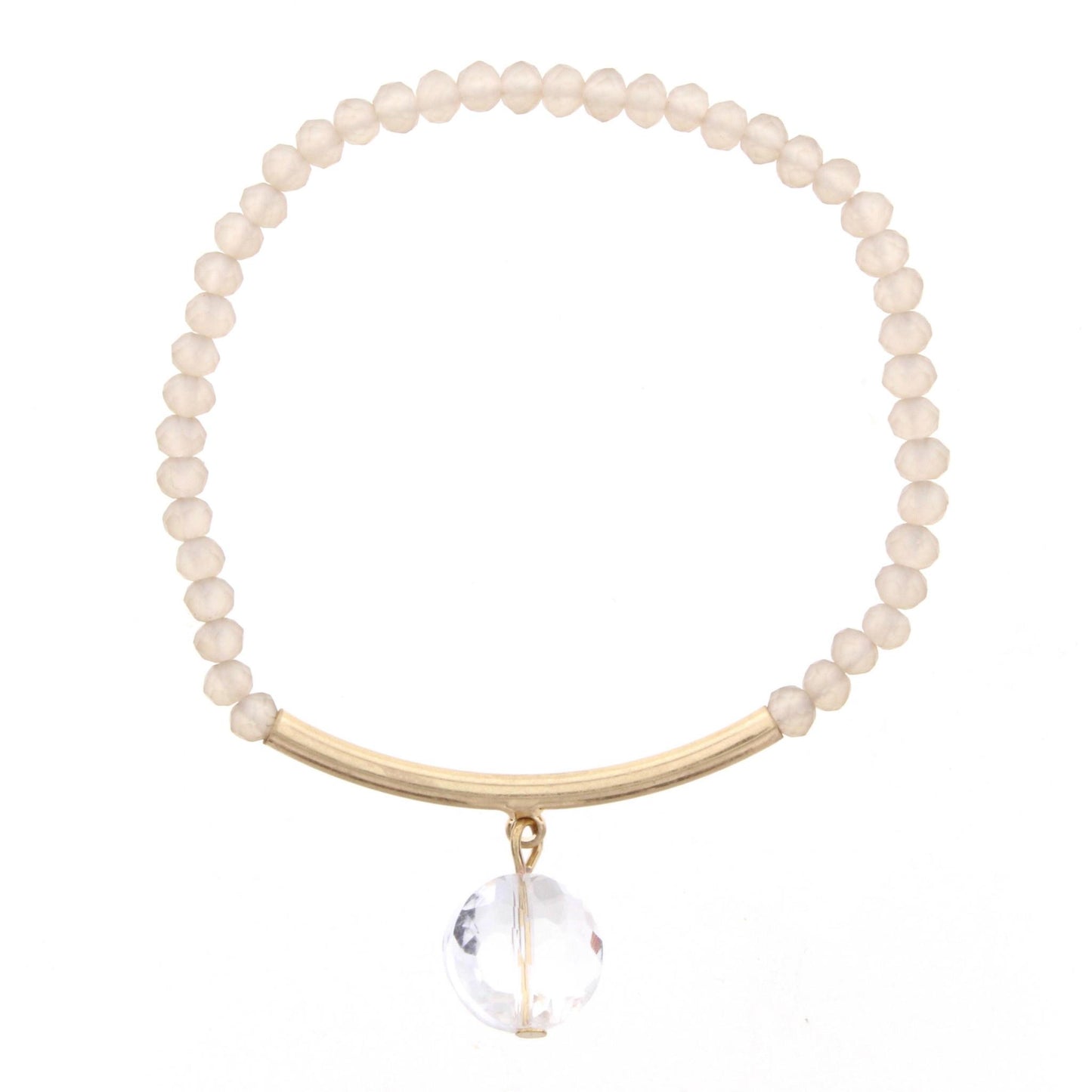 Champagne Beaded Stretch Bracelet with Gold Bar and Circle Crystal