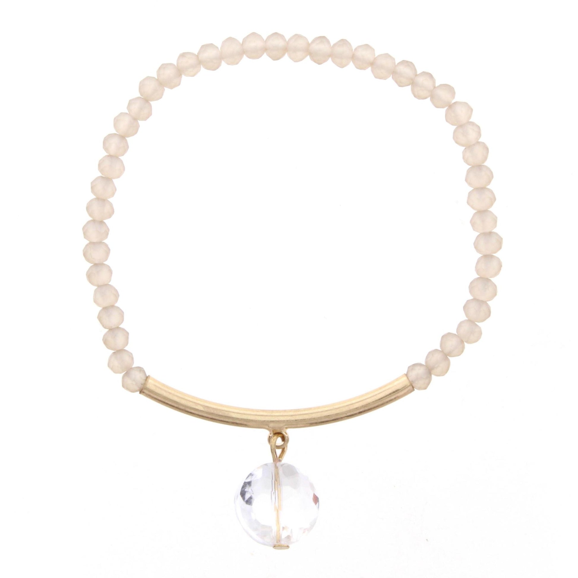 Champagne Beaded Stretch Bracelet with Gold Bar and Circle Crystal