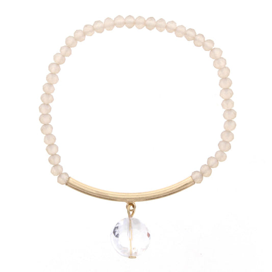 Champagne Beaded Stretch Bracelet with Gold Bar and Circle Crystal