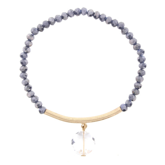 Denim Beaded Stretch Bracelet with Gold Bar and Circle Crystal