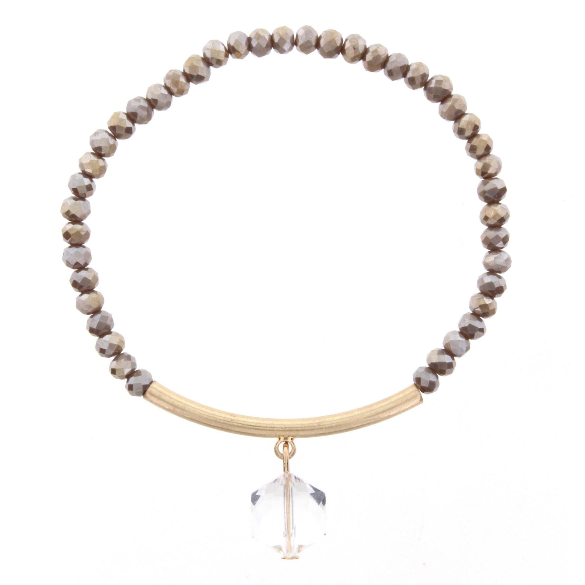 Dark Greige Beaded Stretch Bracelet with Gold Bar and Hexagon Crystal
