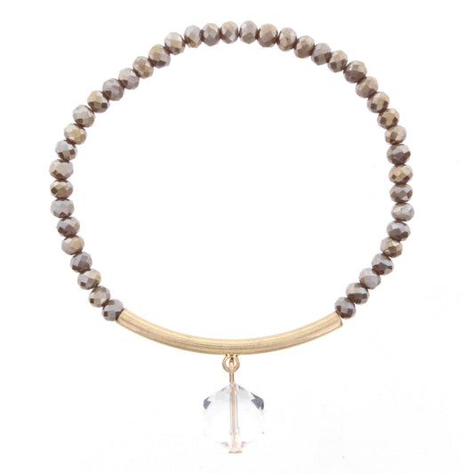 Dark Greige Beaded Stretch Bracelet with Gold Bar and Hexagon Crystal