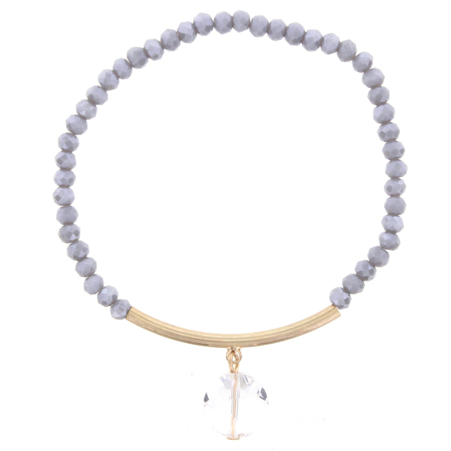 Grey Beaded Stretch Bracelet with Gold Bar and Circle Crystal