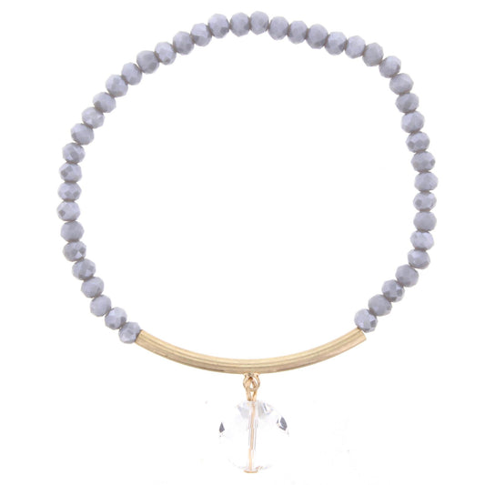 Grey Beaded Stretch Bracelet with Gold Bar and Circle Crystal