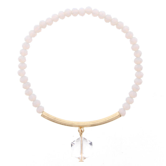 Grey Moonstone Beaded Stretch Bracelet with Gold Bar and Hexagon Crystal