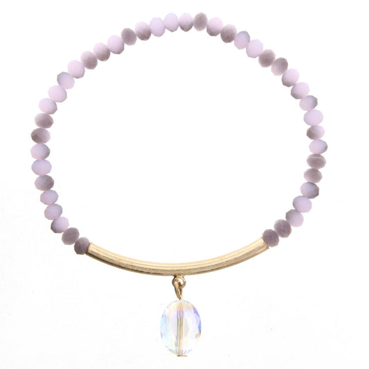 Grey/Pink Beaded Stretch Bracelet with Gold Bar and Oval Crystal