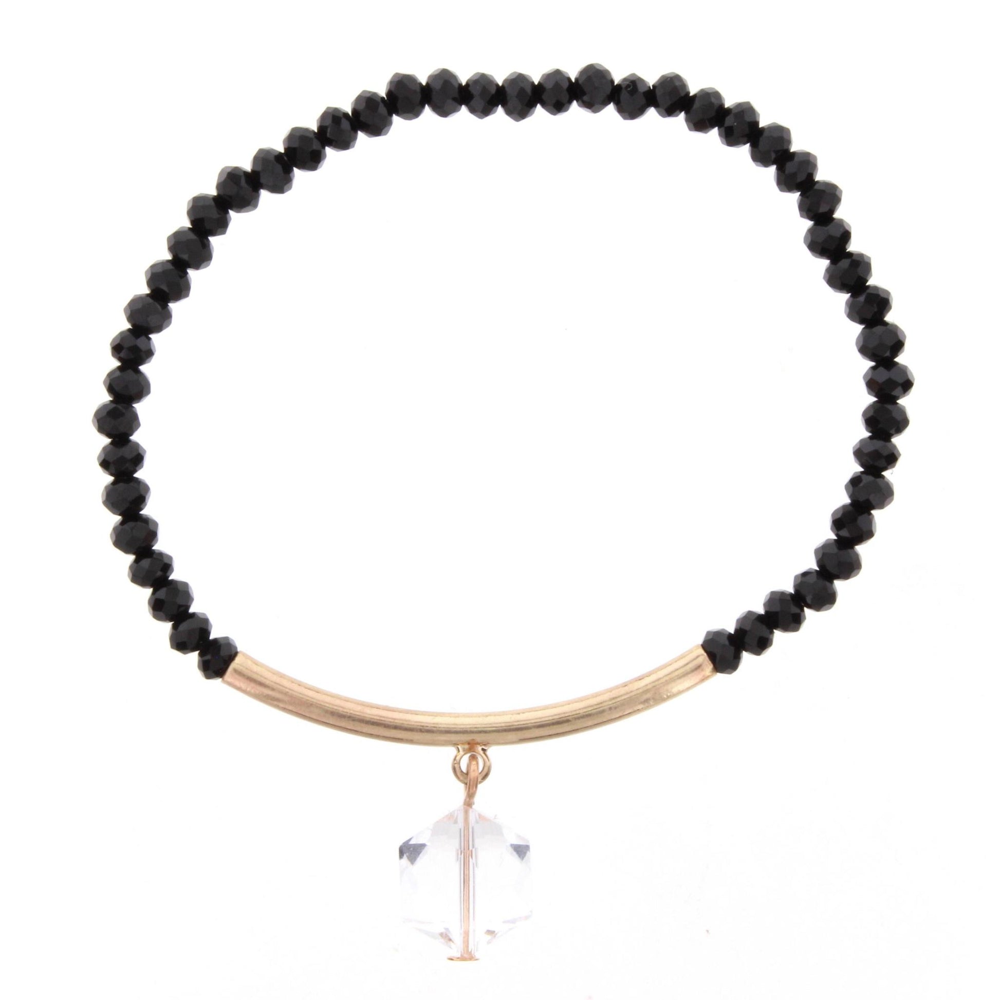Jet Beaded Stretch Bracelet with Gold Bar and Hexagon Crystal