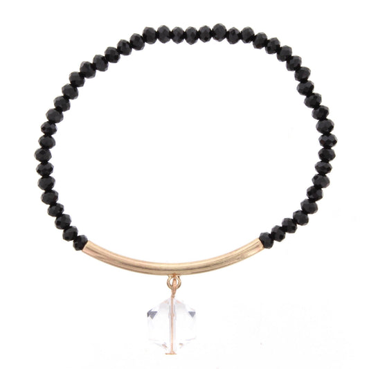 Jet Beaded Stretch Bracelet with Gold Bar and Hexagon Crystal