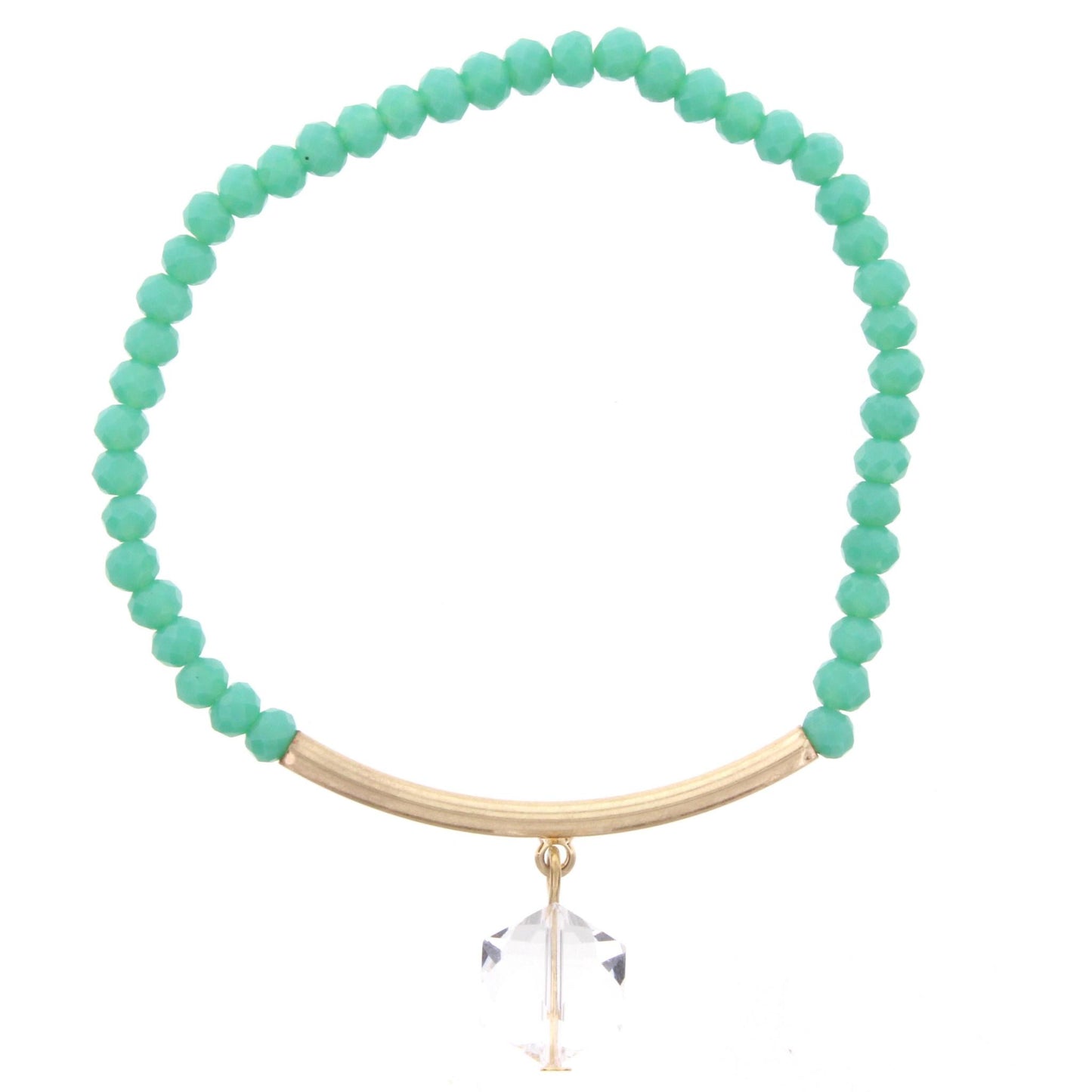 Mint Beaded Stretch Bracelet with Gold Bar and Hexagon Crystal
