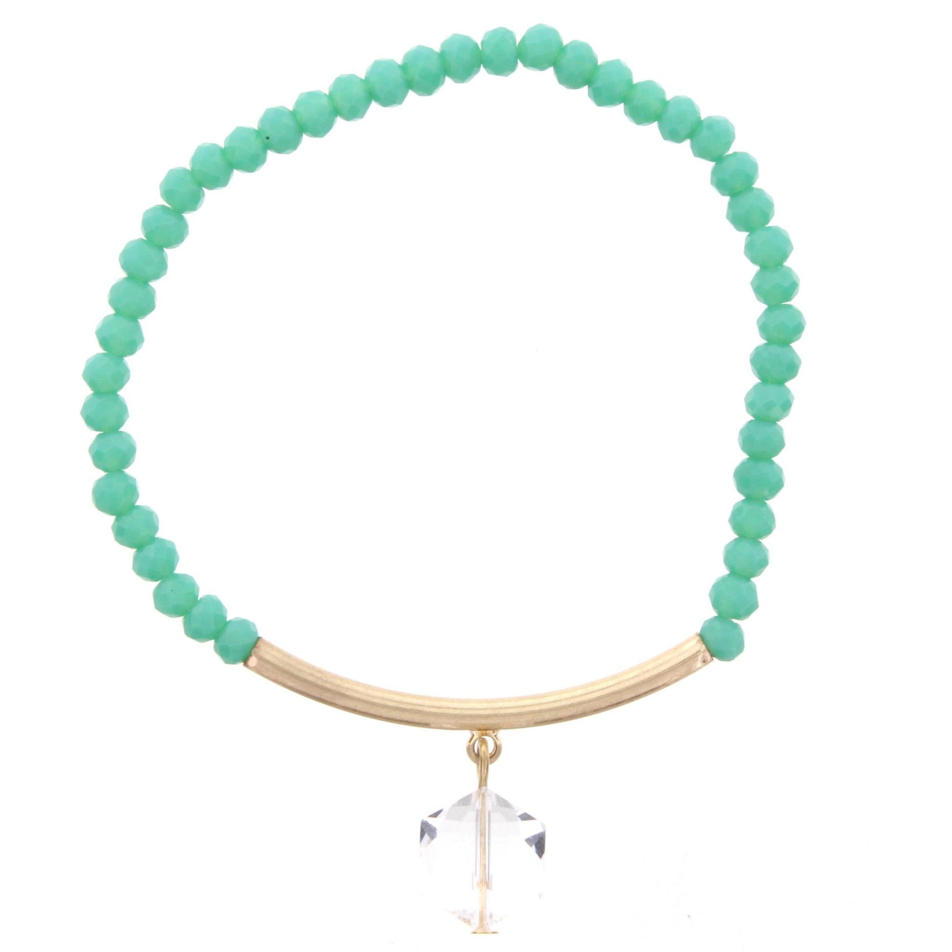 Mint Beaded Stretch Bracelet with Gold Bar and Hexagon Crystal